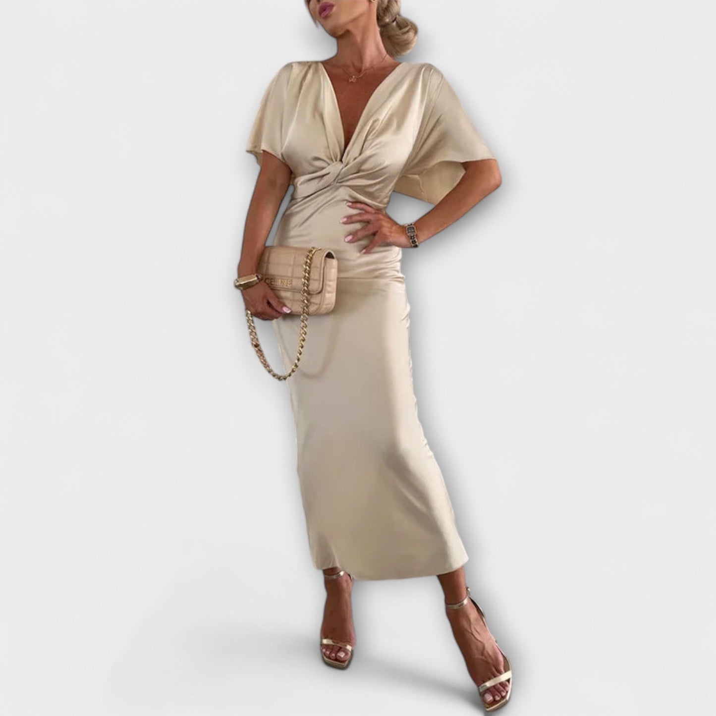 Sable - Maxi šaty s V výstřihem a křížovým uzlem z pevného saténu