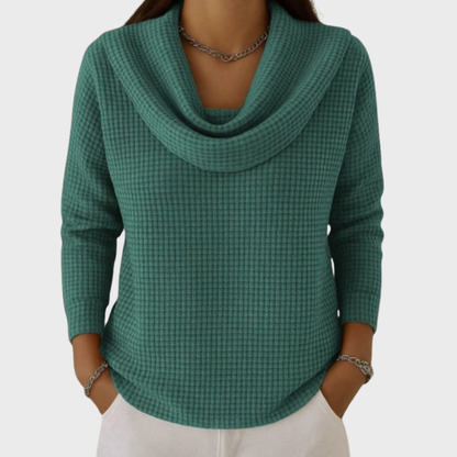 Amber™ – Teplý waffle svetr s elegantním vodopádovým límcem