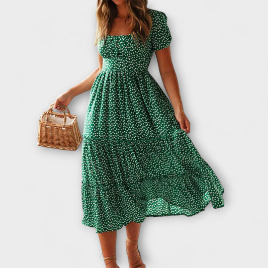 Vintage květinový vzor maxi šaty s puff rukávy