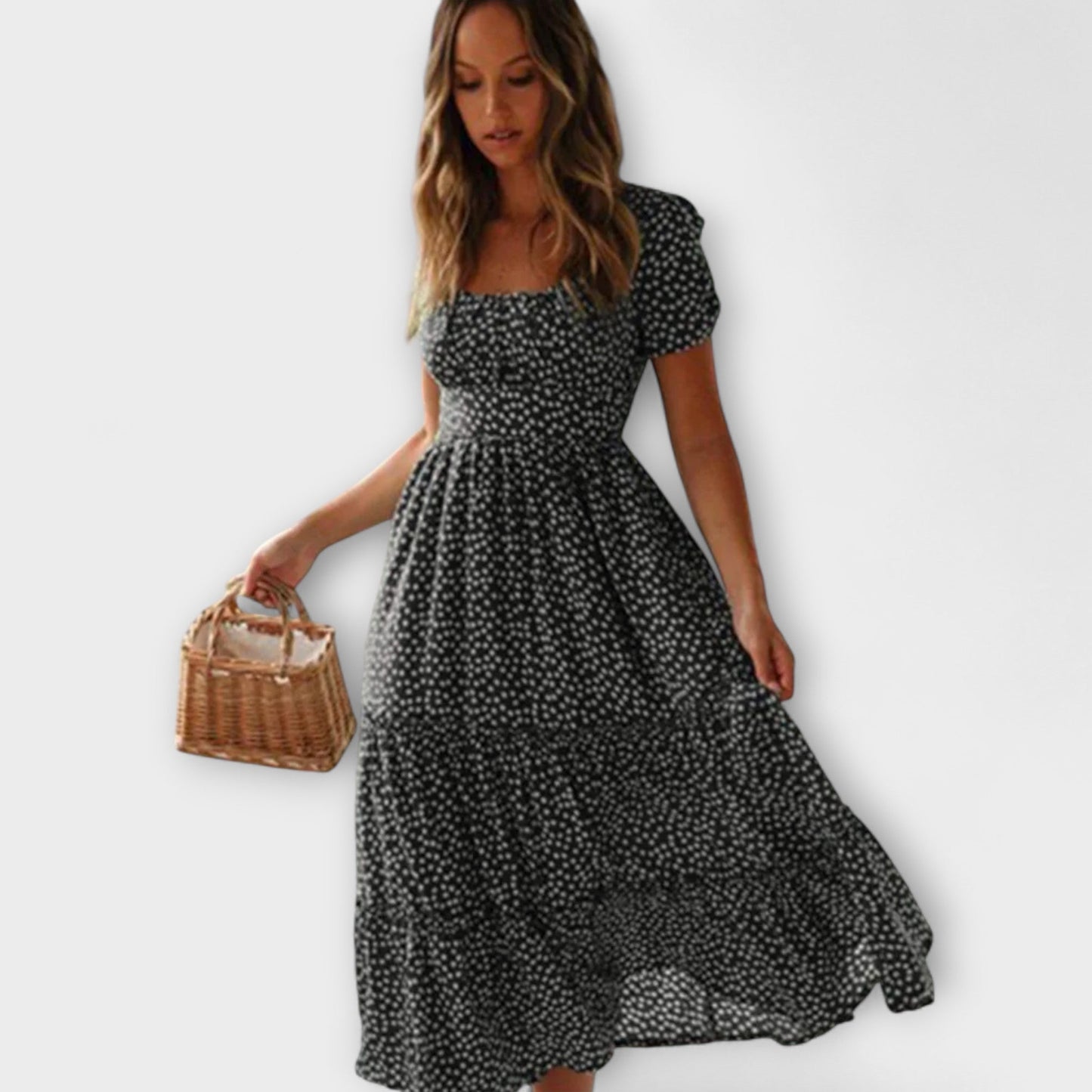 Vintage květinový vzor maxi šaty s puff rukávy