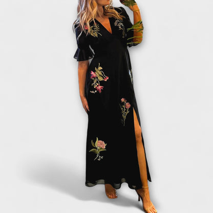 Beatrice - Elegantní modro-námořnické šaty s květinovou výšivkou